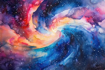 Watercolor galaxy scene fighting fish in orbit - obrazy, fototapety, plakaty