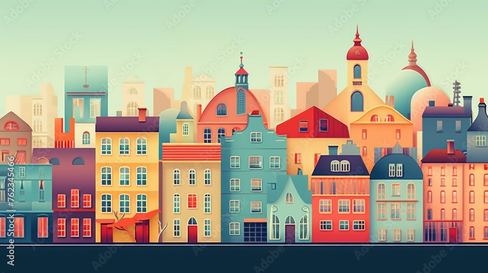 Poster a vibrant cityscape with colorful buildings. ideal for urban concepts