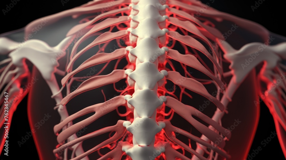 Poster Close up of a skeleton illuminated by a red light, suitable for Halloween themes