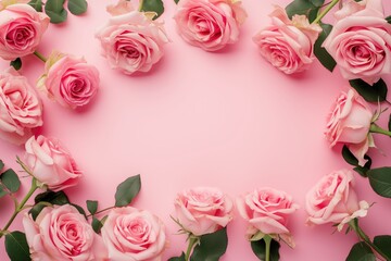 Pink roses lie elegantly on a pink background, creating space for text in the center. Congratulatory floral poster with roses for wedding day, mother's day. Congratulations concept