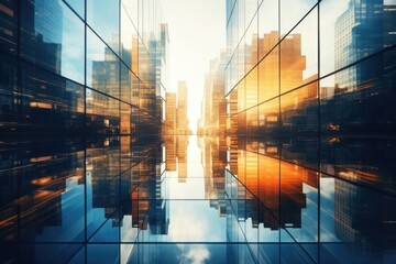 Urban cityscape reflection in modern glass building, suitable for architecture and urban design concepts - obrazy, fototapety, plakaty