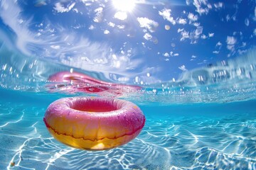 Colorful donut rubber ring in swimming pool midday sun - obrazy, fototapety, plakaty