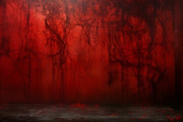 Timbered Red cracked spooky wall with wooden floor. Dark horror scary dirty art. Generate Ai