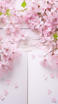 Delicate pink cherry blossom flowers on a whitewashed wooden background.