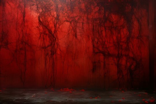 Timbered Red cracked spooky wall with wooden floor. Dark horror scary dirty art. Generate Ai