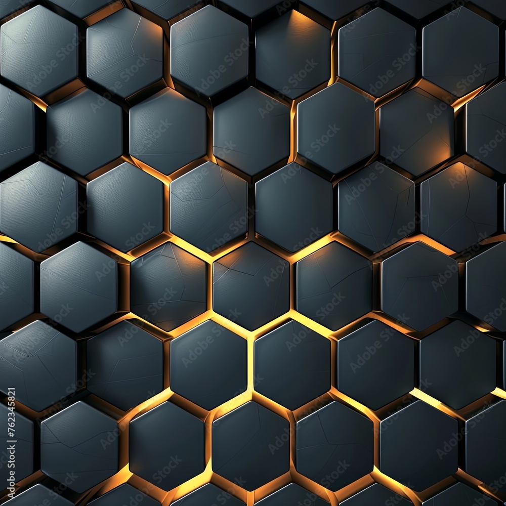 Poster luxury hexagonal abstract black metal background with golden light lines. dark 3d geometric texture.