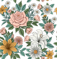Rose, Hibiscus and Daisy Seamless Pattern with Green Leaves. Hand Drawn Floral Print.