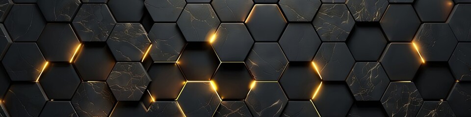 Luxury hexagonal abstract black metal background with golden light lines. Dark 3D geometric texture. generative ai