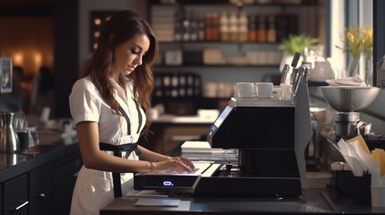 Fototapeta premium A woman standing in front of a coffee machine, perfect for coffee shop promotions
