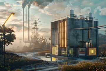 Futuristic Concrete Building Adjacent to Power Plant Amidst Lush Nature and Serene River at Golden Hour, Photograph