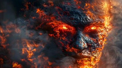 Stone Demon Face Engulfed in Intense Fire and Smoke