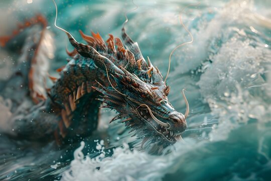 Chinese Dragon Emerging from the Sea in a Cinematic Closeup, a Virtual Photography Showcase