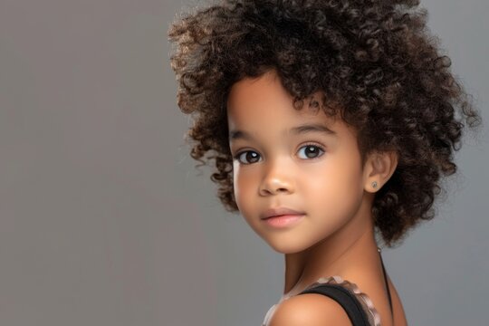 photo portrait of a beautiful young black African afro American model teen girl looking forward. child ad with copy space, children, beauty, pretty
