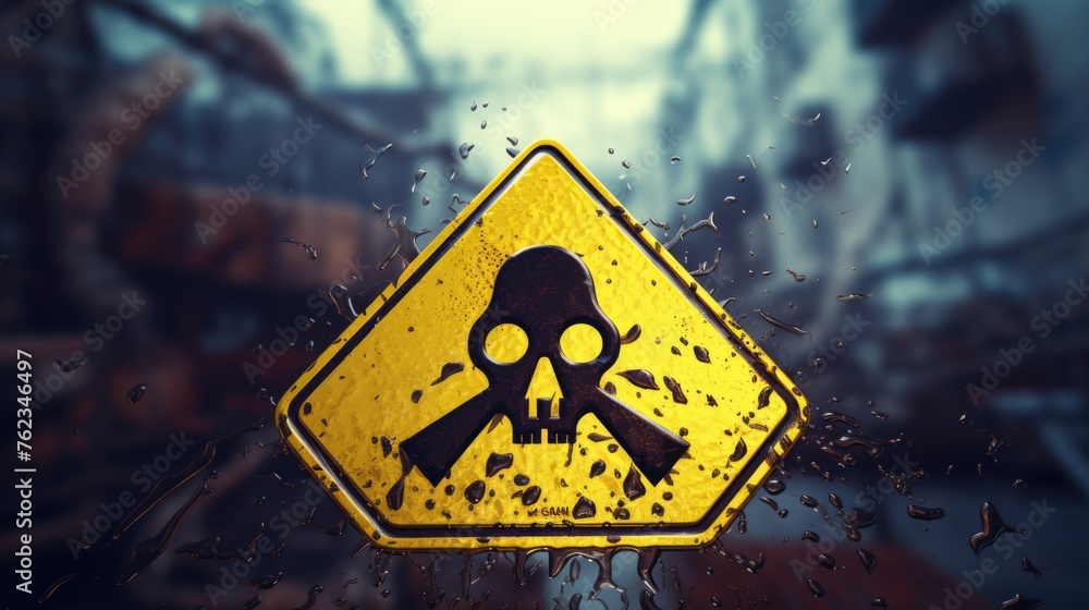 Poster A yellow sign with a skull and bones symbol. Suitable for cautionary messages