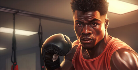 A realistic painting of a man wearing boxing gloves. Ideal for sports and fitness related designs