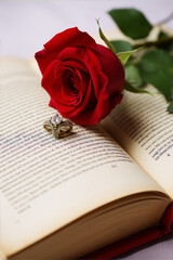 Single red rose and diamond ring on opened book