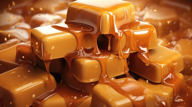 Delicious pile of chocolate covered in gooey caramel, perfect for food and dessert concepts