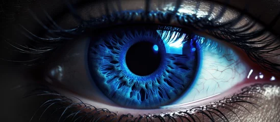 Poster Im Rahmen A closeup of a human bodys blue iris in darkness, showcasing electric blue color. This macro photography art captures the intricate details of the eyelash extensions and forms a captivating circle © 2rogan