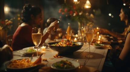 A group of people sitting at a dinner table. Suitable for family gatherings or celebrations