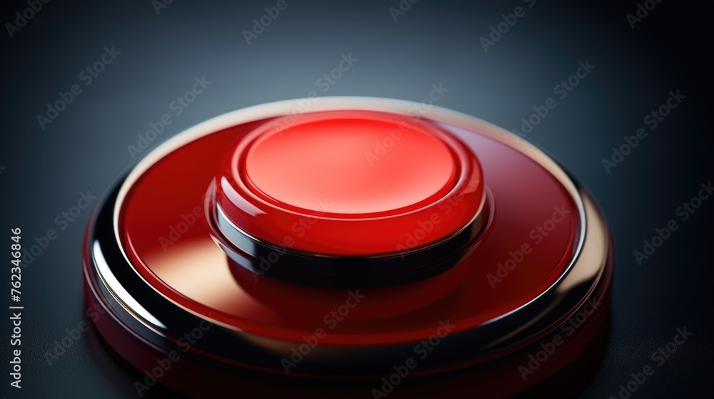 Poster Close up of a red button on a black surface, suitable for technology and business concepts