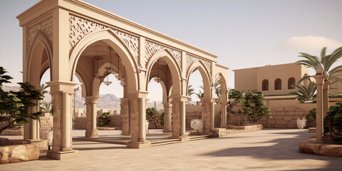 arabic courtyard with arches in a middle eastern setting - obrazy, fototapety, plakaty