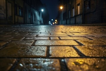 A nighttime scene of a wet street with glowing lights. Suitable for urban or rainy day themes