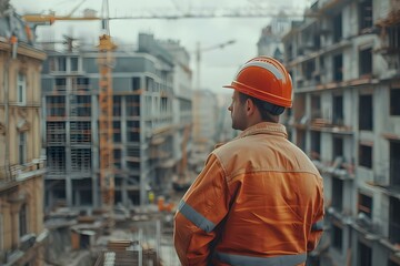Construction Worker with Hard Hat at Construction Site - Safety First. Concept Construction, Worker, Safety, Hard Hat, Construction Site