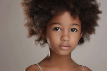 photo portrait of a beautiful young black African afro American model teen girl looking forward. child ad with copy space, children, beauty, pretty