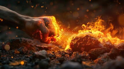 Burst of flame as fist breaks rock side view - obrazy, fototapety, plakaty