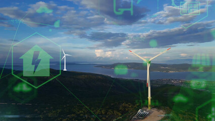 Alternative Energy. Wind farm. Aerial view of horizontal-axis wind turbines generating electricity Wind energy. Clean renewable energy technologies. Wind power plants. Animated visualization concept.  - 762347075