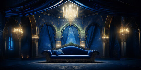 Blue and gold throne room with intricate patterns and soft lighting.