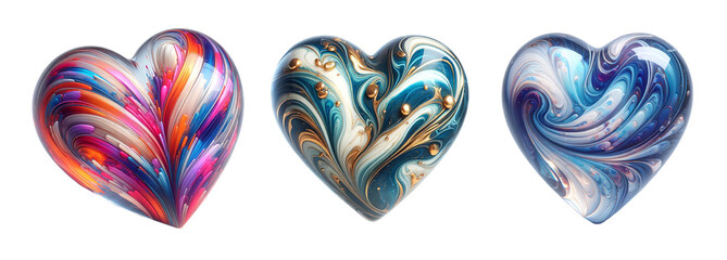 3d realistic glass heart icon set isolated on a transparent background.	