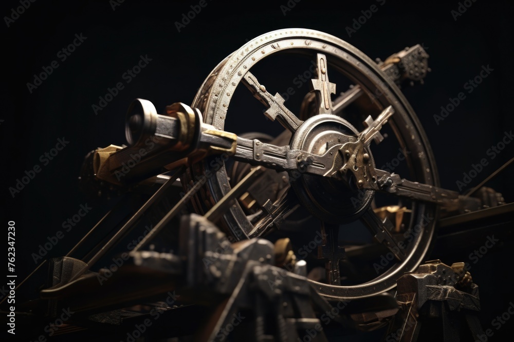 Poster detailed view of a machine on a dark backdrop, suitable for industrial concepts