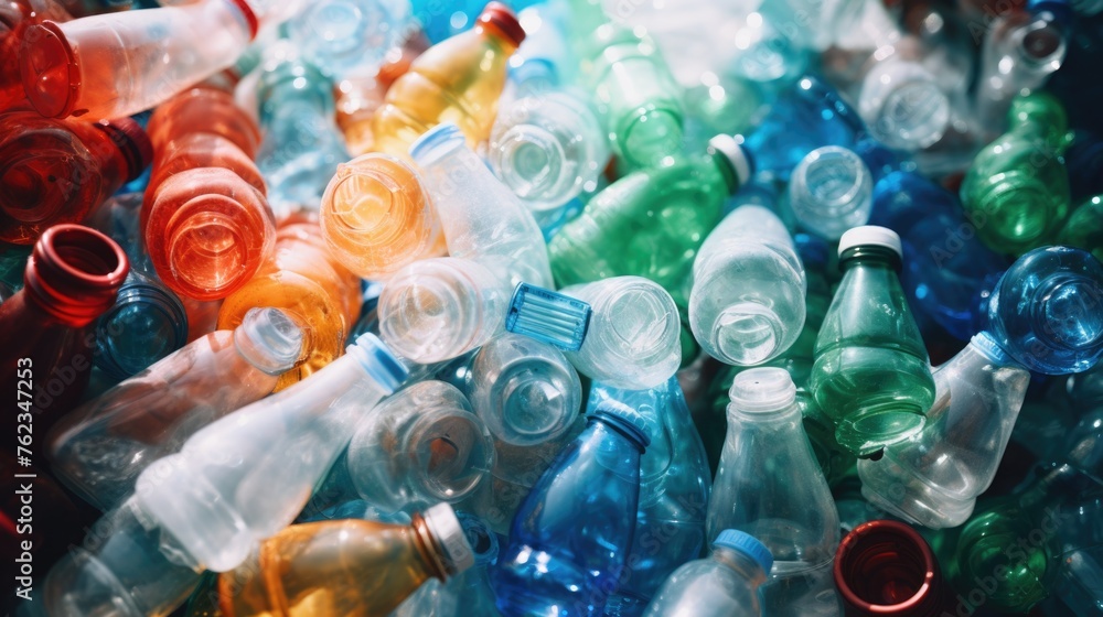 Poster A pile of empty plastic bottles on a table. Suitable for environmental and recycling concepts