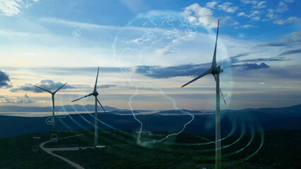 Alternative Energy. Wind farm. Aerial view of horizontal-axis wind turbines generating electricity Wind energy. Clean renewable energy technologies. Wind power plants. Animated visualization concept.  - 762347205