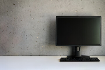 Computer monitor with blank black screen on the desk with copy space. - 762347209