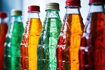 Various colored soda bottles lined up. Perfect for beverage industry ads