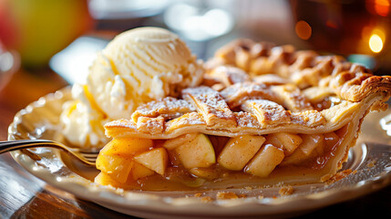  a close-up of a flaky apple pie slice topped with a scoop of vanilla ice cream, sitting on a plate with syrup drizzle.