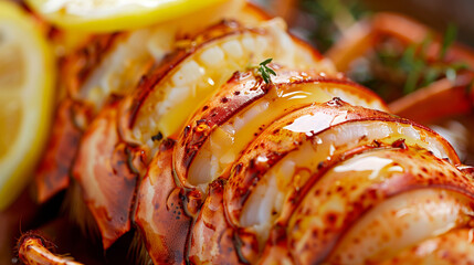 a close-up of succulent lobster tails drizzled with butter, accompanied by lemon slices and...