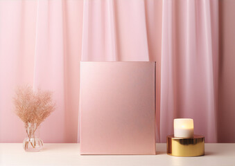 Pink and gold minimal still life scene with dried flowers and a candle on a white table against a pink fabric background.