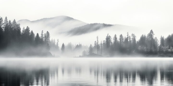 A serene black and white photo of a misty lake. Ideal for nature-themed designs