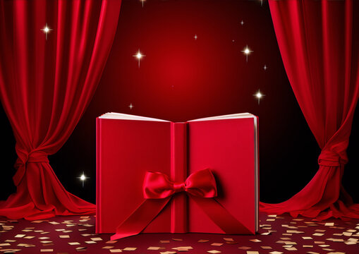 Red book with a red ribbon on a stage with red curtains and a red background.
