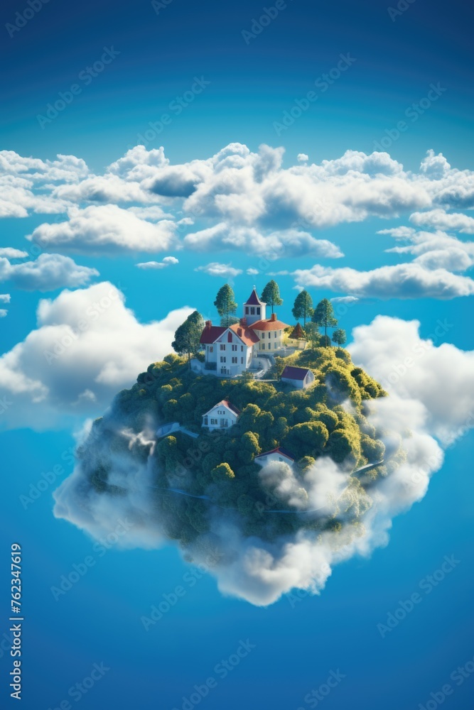Poster A unique image of a house perched on a small island in the sky. Perfect for fantasy or surreal concepts