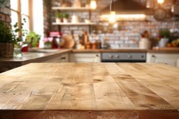 Rustic Kitchen Counter in Warm Light: Empty rustic wooden kitchen counter bathed in warm sunlight, ideal for food preparation scenes.