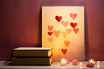 Pink and red hearts painting with a book and candles