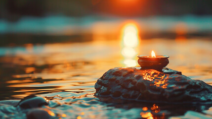 A serene golden glow and the warmth of fire illustrate the essence of wellness - obrazy, fototapety, plakaty