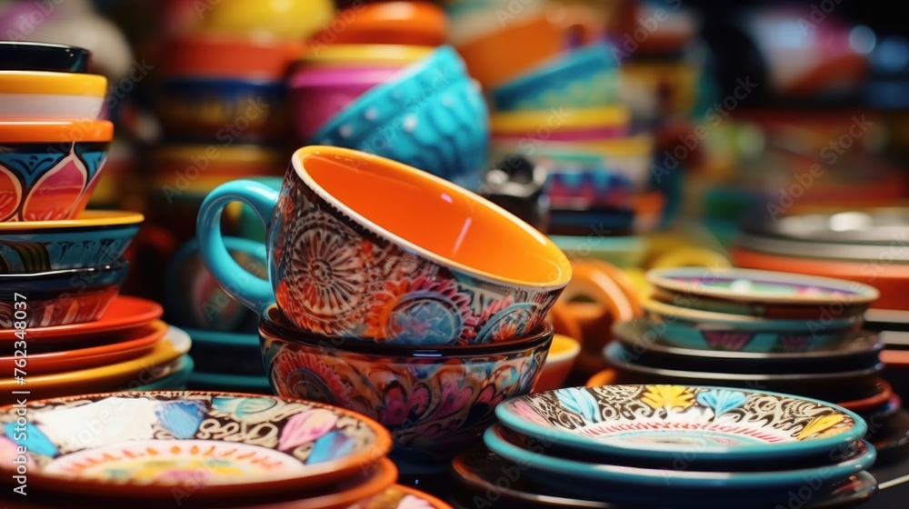 Poster a variety of colorful plates and bowls displayed on a table. suitable for kitchen or dining related 