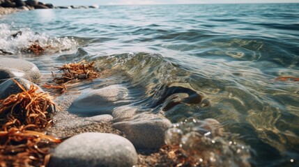 A scenic view of a body of water with rocks and seaweed on the shore. Suitable for nature and travel concepts
