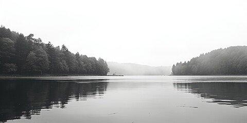 A serene black and white photo of a lake surrounded by trees. Perfect for nature-themed designs
