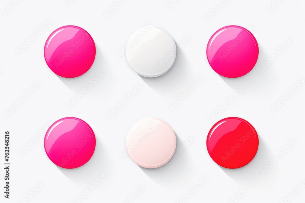 Poster four different colored buttons on a white surface. perfect for fashion or crafting projects